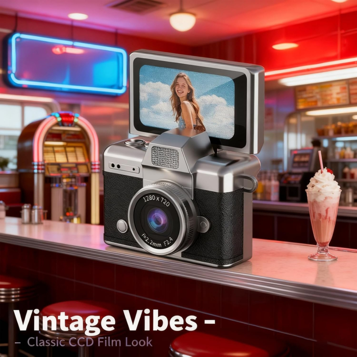 Mini Camera Foto Digitala Retro, Foto si Video Full HD, Ecran Flip 180°, Blitz Integrat, Ultra Portabila [7]