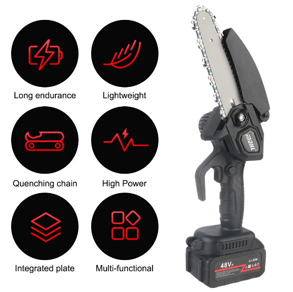 Drujba cu Acumulator 48V, fierastrau cu lant, lama 4 inch/10 cm, Li-Ion, valiza transport CADOU [7]