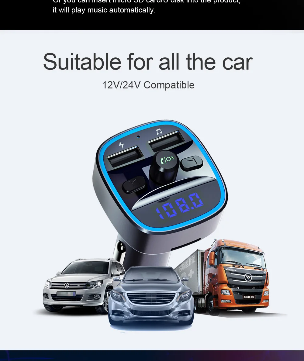Modulator auto Q1, cu Bluetooth, Led, Fast Charge, 2 x USB Incarcare telefon si Conectare Stick, Player MP3, Hands Free [8]