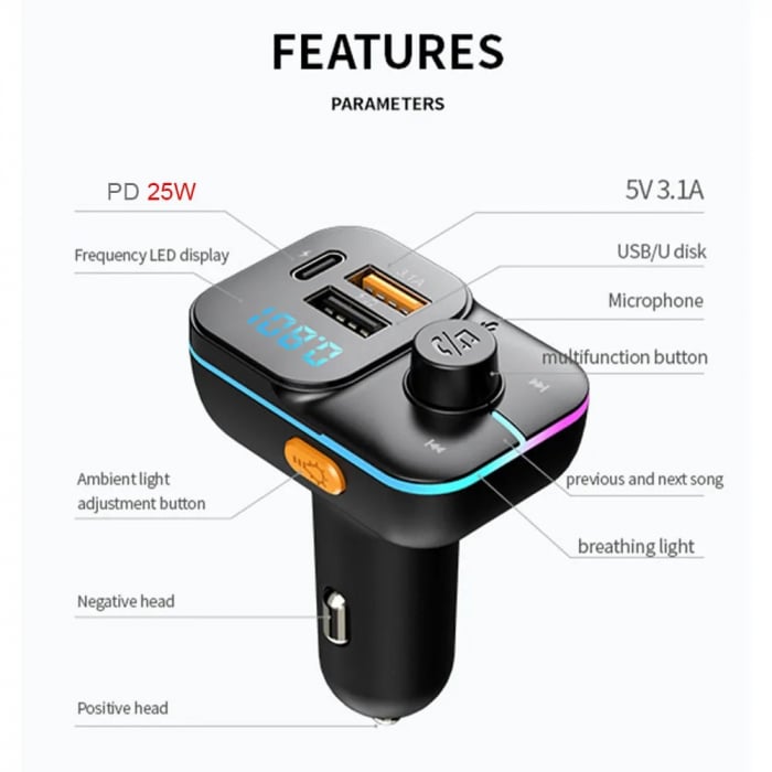 Modulator FM auto Bluetooth, C24S, lumina ambientala, incarcare rapidă, apeluri hands-free, transmisie FM [8]