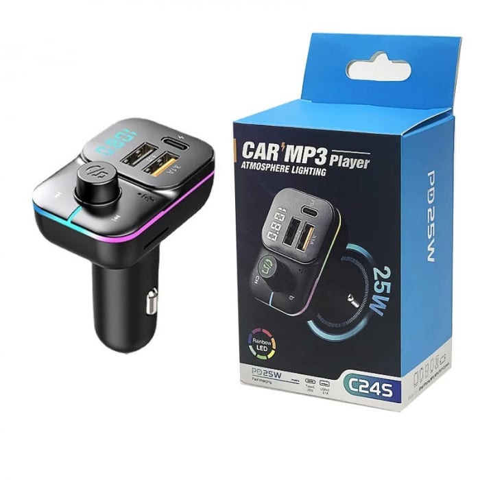 Modulator FM auto Bluetooth, C24S, lumina ambientala, incarcare rapidă, apeluri hands-free, transmisie FM [10]