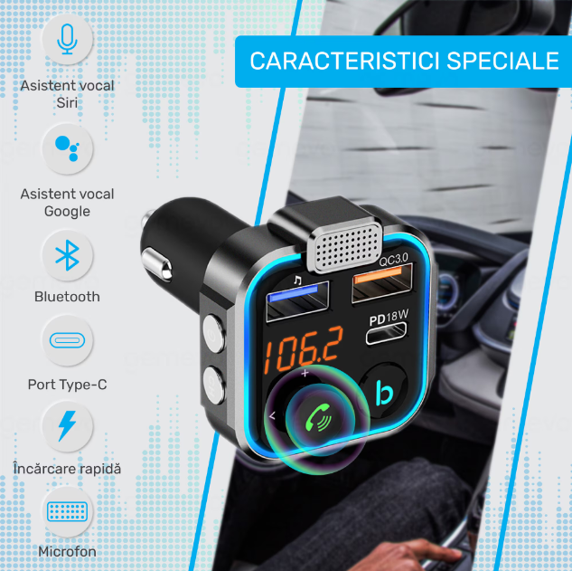 Modulator FM Bluetooth 5.0, Transmitator FM cu functie de incarcator auto, Incarcare rapida, Port USB Type-C, Negru [2]