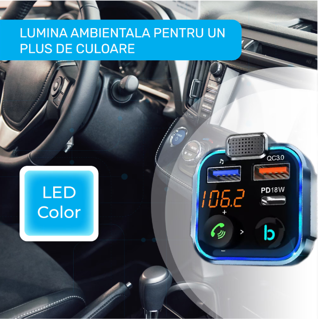Modulator FM Bluetooth 5.0, Transmitator FM cu functie de incarcator auto, Incarcare rapida, Port USB Type-C, Negru [4]