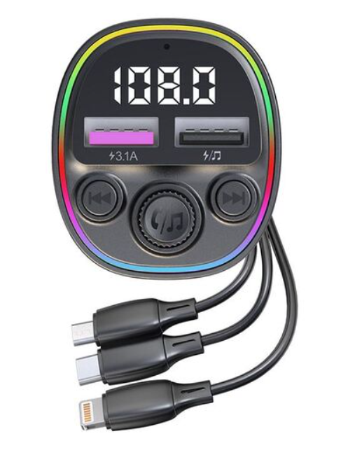 Modulator FM Bluetooth cu Cablu 3 in 1, USB-C, Lightning, MicroUSB, 3A, 2xUSB-A, Functie HandsFree [2]