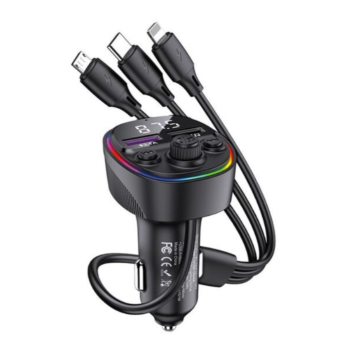 Modulator FM Bluetooth cu Cablu 3 in 1, USB-C, Lightning, MicroUSB, 3A, 2xUSB-A, Functie HandsFree [3]