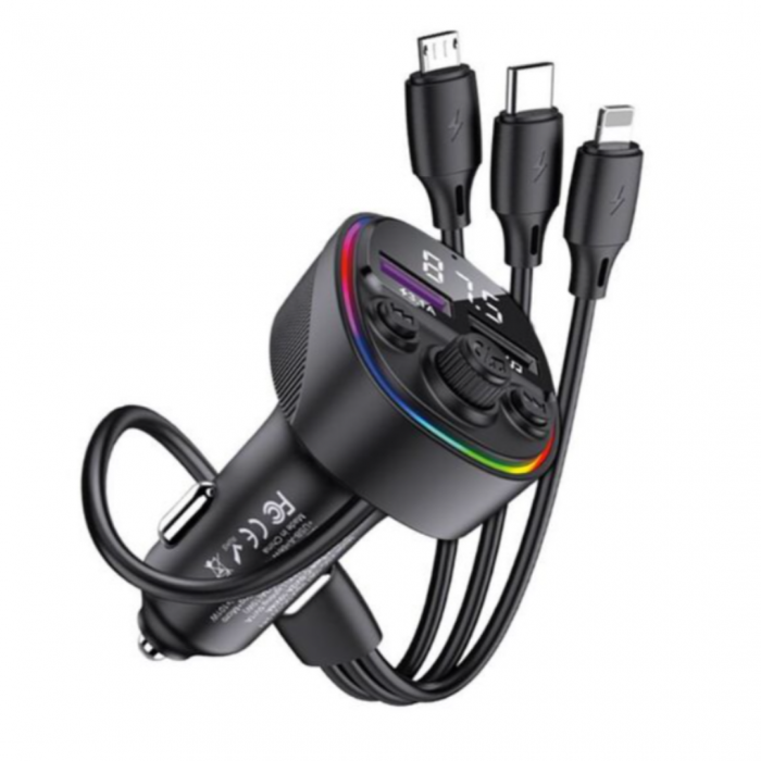 Modulator FM Bluetooth cu Cablu 3 in 1, USB-C, Lightning, MicroUSB, 3A, 2xUSB-A, Functie HandsFree [1]