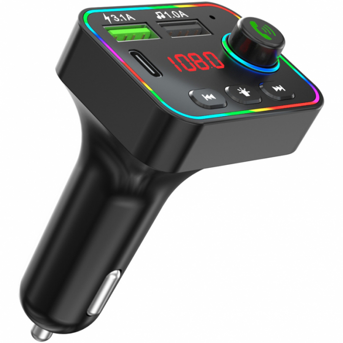 Modulator/Transmitator FM Bluetooth Auto Car F4, Lumini RGB, Buton De Apel, 2 x USB, USB-C [2]