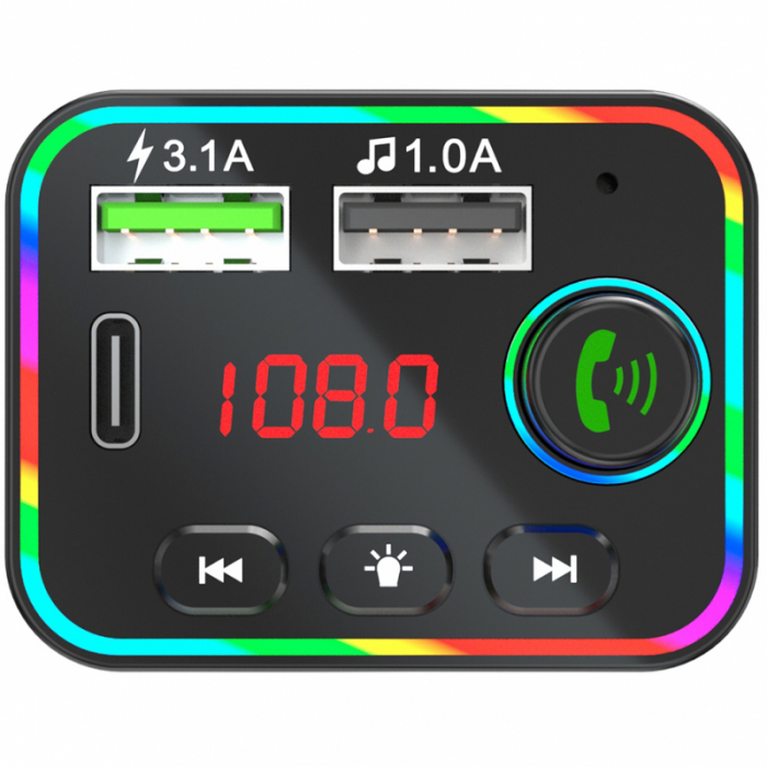 Modulator/Transmitator FM Bluetooth Auto Car F4, Lumini RGB, Buton De Apel, 2 x USB, USB-C [5]