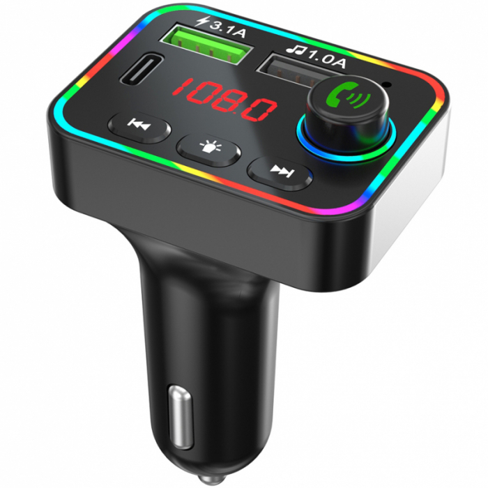 Modulator/Transmitator FM Bluetooth Auto Car F4, Lumini RGB, Buton De Apel, 2 x USB, USB-C [4]