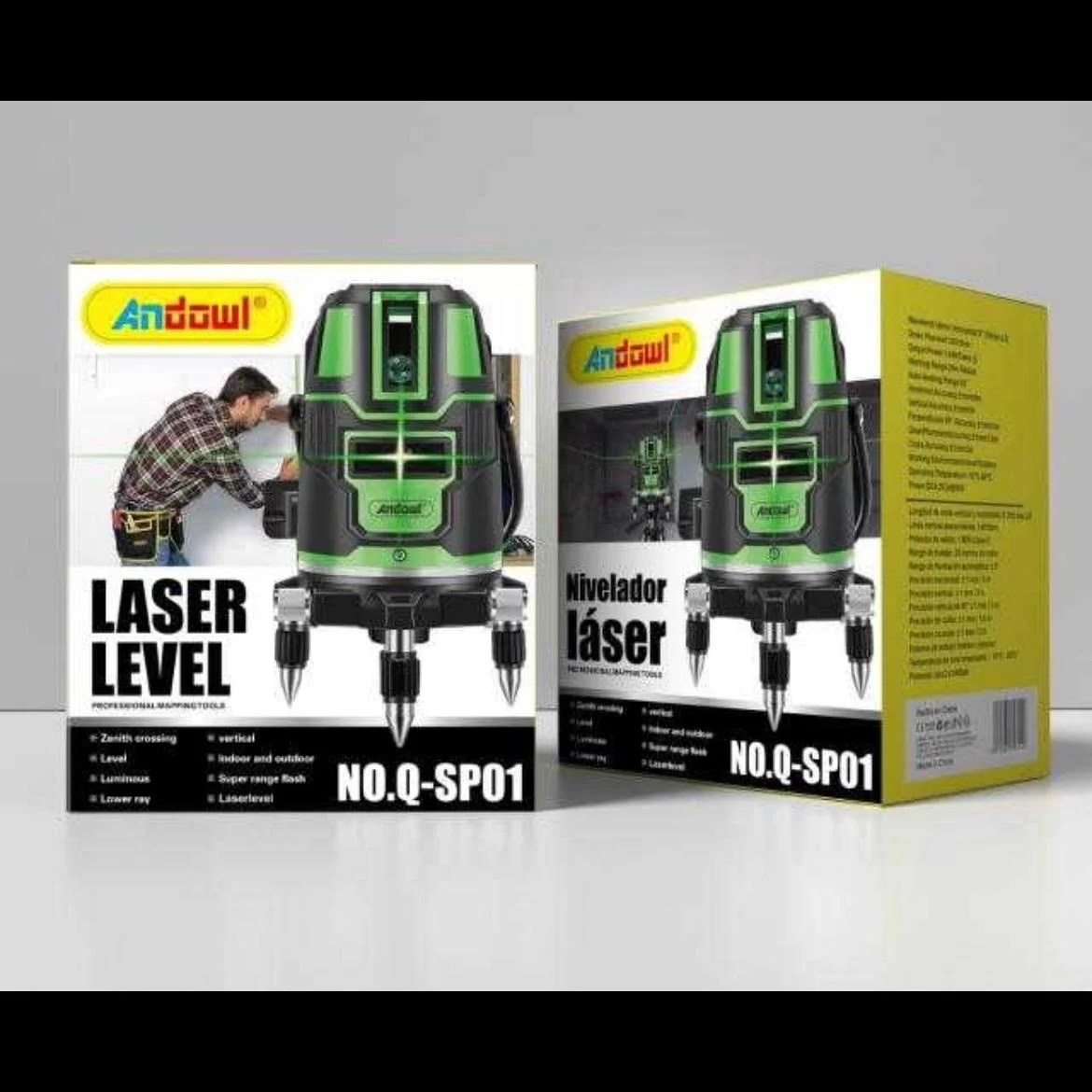 Nivela cu bula laser 2 linii +, 360 grade, fara fir, cu acumulator, verde cu negru, Andowl Q-SP01 [6]