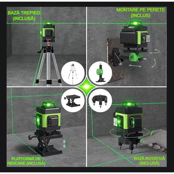 Nivela Laser 4D cu 16 Linii, Autonivelare, Telecomandă, Lumina Verde, Trepied 150 cm, Platformă de Ridicare [3]
