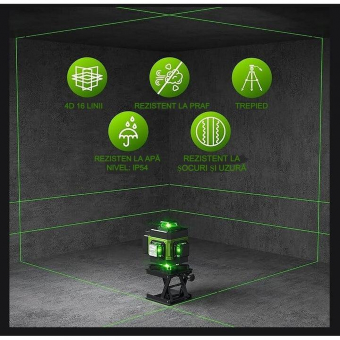 Nivela Laser 4D cu 16 Linii, Autonivelare, Telecomandă, Lumina Verde, Trepied 150 cm, Platformă de Ridicare [2]