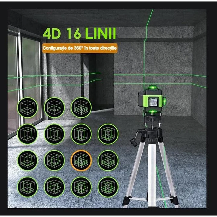Nivela Laser 4D cu 16 Linii, Autonivelare, Telecomandă, Lumina Verde, Trepied 150 cm, Platformă de Ridicare [4]