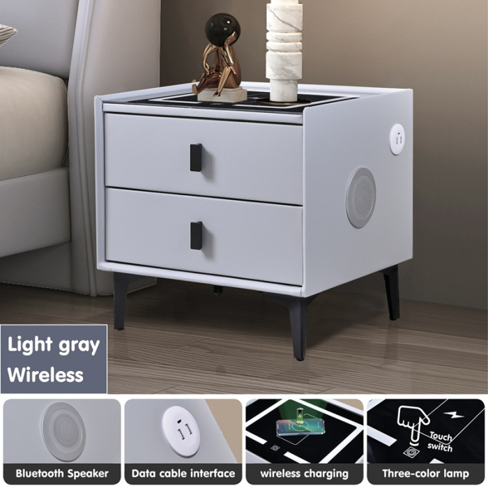 Noptiera Inteligenta, Multifunctionala, Finisaj piele, Incarcare wireless, Lumini LED, Boxe bluetooth, USB si USB-C, Gri/Alb [2]