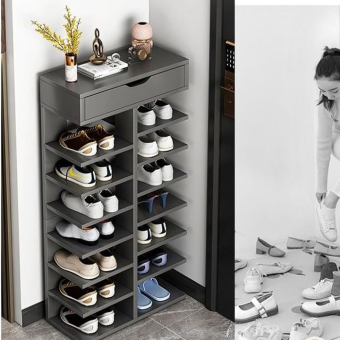 Pantofar cu 7 Etaje si Sertar, Dulap Depozitare Incaltaminte din PAL, Design Modern, Culoare Gri [2]