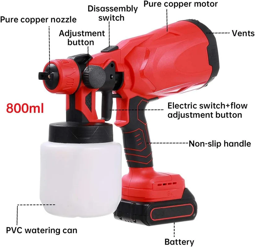 Pistol Profesional De Vopsit Si Zugravit, Electric, Cu Rezervor De Vopsea, 800 ml si 2 Acumulatori, 48 V, Portabil [5]