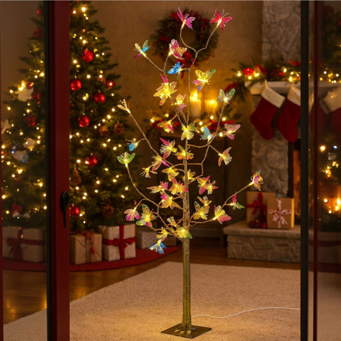 Pom Artificial LED cu Fluturi Colorati, Copac Decorativ, Alb 150 cm, 48 LED [5]