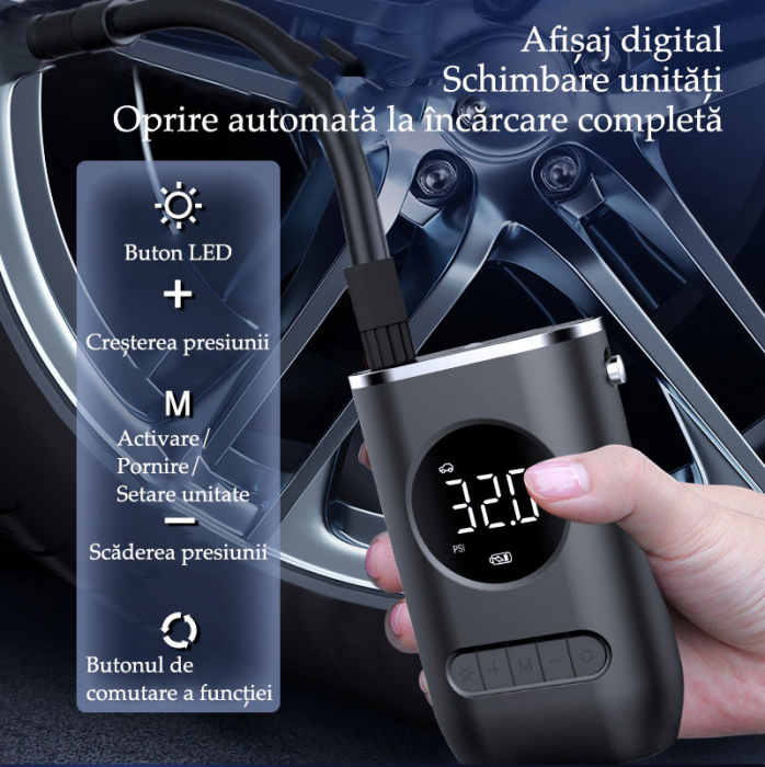 Pompa de aer electrica pentru masina (Compresor), Multifunctionala, 4000 mAh, 120W, afisaj digital LCD, lanterna LED, incarcare USB, Portabila [4]