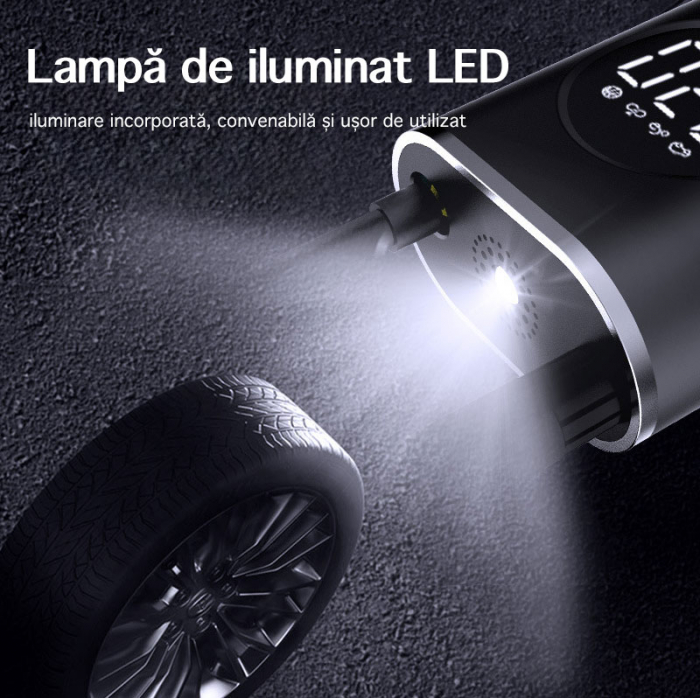 Pompa de aer electrica pentru masina (Compresor), Multifunctionala, 4000 mAh, 120W, afisaj digital LCD, lanterna LED, incarcare USB, Portabila [7]