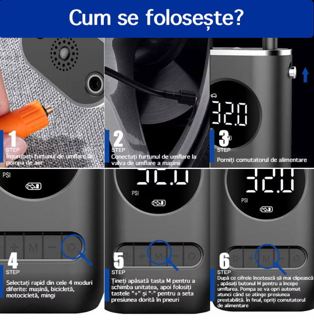 Pompa de aer electrica pentru masina (Compresor), Multifunctionala, 4000 mAh, 120W, afisaj digital LCD, lanterna LED, incarcare USB, Portabila [5]