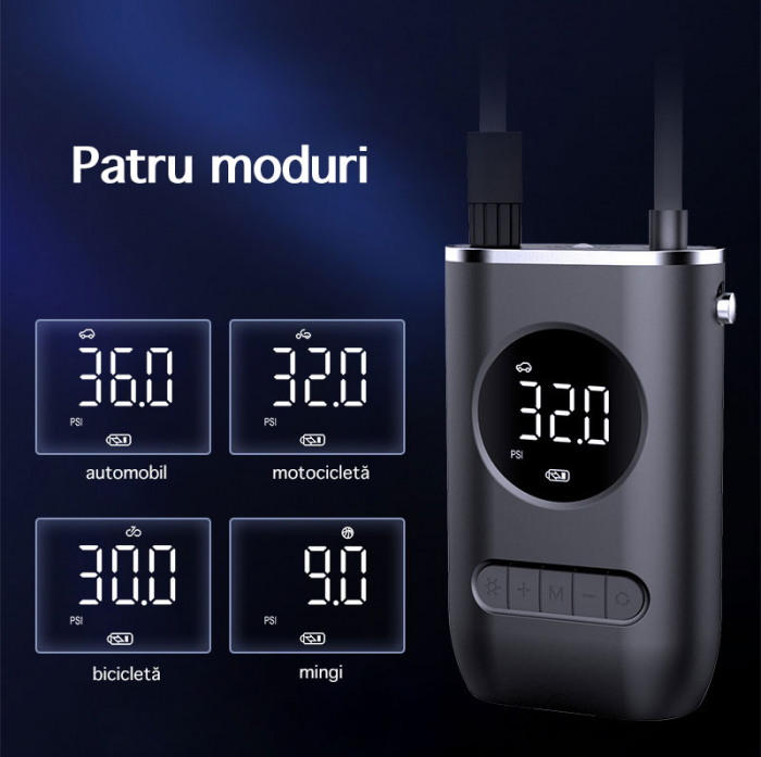 Pompa de aer electrica pentru masina (Compresor), Multifunctionala, 4000 mAh, 120W, afisaj digital LCD, lanterna LED, incarcare USB, Portabila [3]