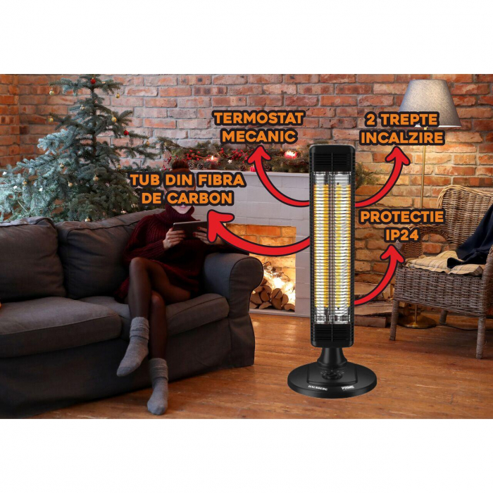 Radiator electric, 1000W, 2 trepte incalzire, tub din fibra de carbon, protectie IP24, termostat mecanic, carcasa din metal, Hausberg HB-8565 [4]