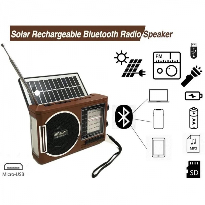 Radio FM portabil cu Incarcare solara, Bluetooth, Lanterna, Radio 8 Benzi, Usb, Slot de Card TF, Panou Solar, Rsdo RD-098UBT [3]