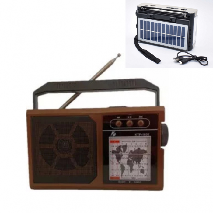 Radio Portabil Solar KTF 1651, FM/AM/SW, Bluetooth, Port USB/TF, Lanterna, Panou Solar, Antena Telescopica, Retro Style [1]
