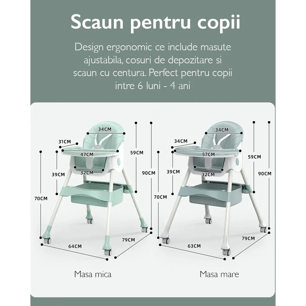 Scaun de masa pentru bebelusi 2 în 1, pliabil, cu tava dubla detasbila si spatar reglabil, 6–36 luni, Roz/Verde [9]