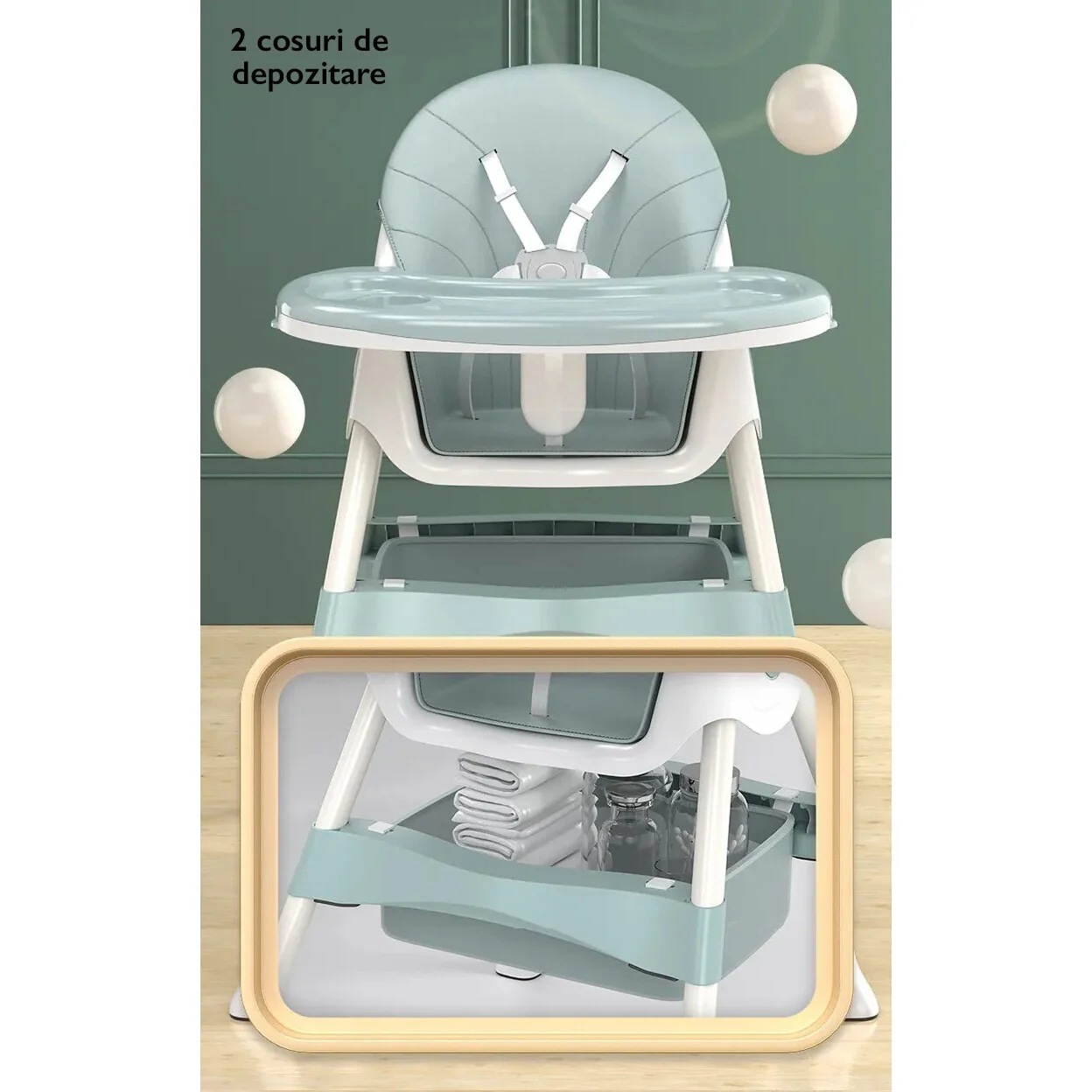 Scaun de masa pentru bebelusi 2 în 1, pliabil, cu tava dubla detasbila si spatar reglabil, 6–36 luni, Roz/Verde [6]