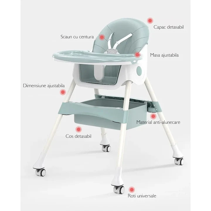 Scaun de masa pentru bebelusi 2 în 1, pliabil, cu tava dubla detasbila si spatar reglabil, 6–36 luni, Roz/Verde [11]