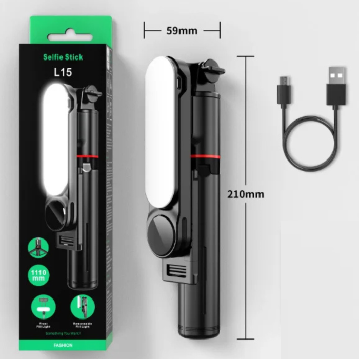 Selfie Stick Tripod L15 cu Lumină LED, AntiVibratie, Bluetooth Wireless, Extensibil 114 cm, 360°, Compatibil Android & iOS [13]