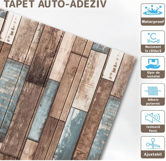 Set 10 buc Tapet 3D Autoadeziv, Model Lemn multicolor, Rezistent la Apa, usor de curatat, 70x77 cm [4]