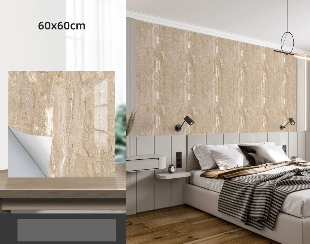 Set 10 x Placi Autoadezive 60x60 cm Marmura Crem imitatie, pentru podea si perete, impermeabila [2]