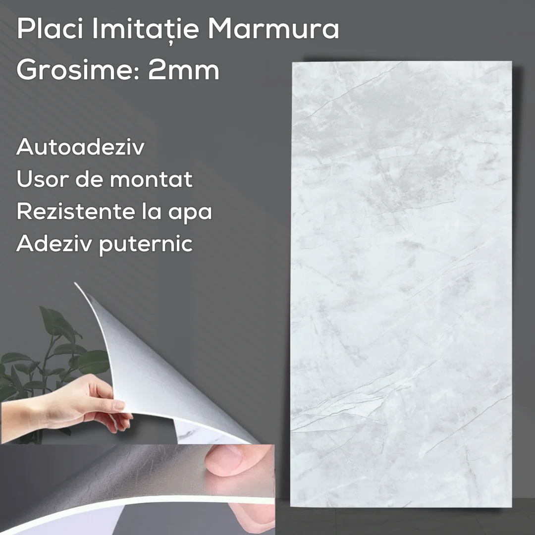 Set 10 x Placi Autoadezive Tip Marmura Alb-Gri, pentru podea sau perete, 60x30 cm [8]