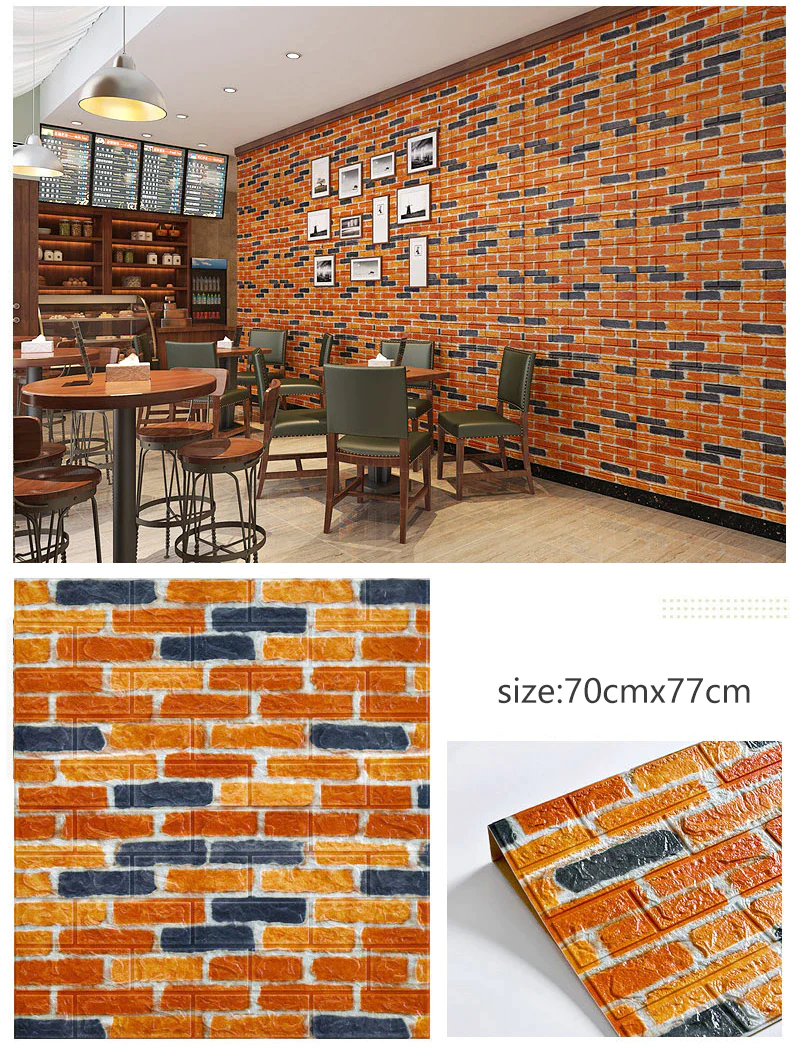 Set 10 x Tapet 3D Caramida portocalie cu negru, auto-adeziv pentru interior, 70 x 77 cm [3]