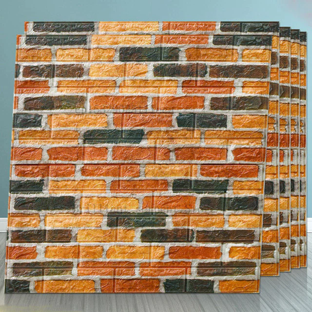 Set 10 x Tapet 3D Caramida portocalie cu negru, auto-adeziv pentru interior, 70 x 77 cm [4]