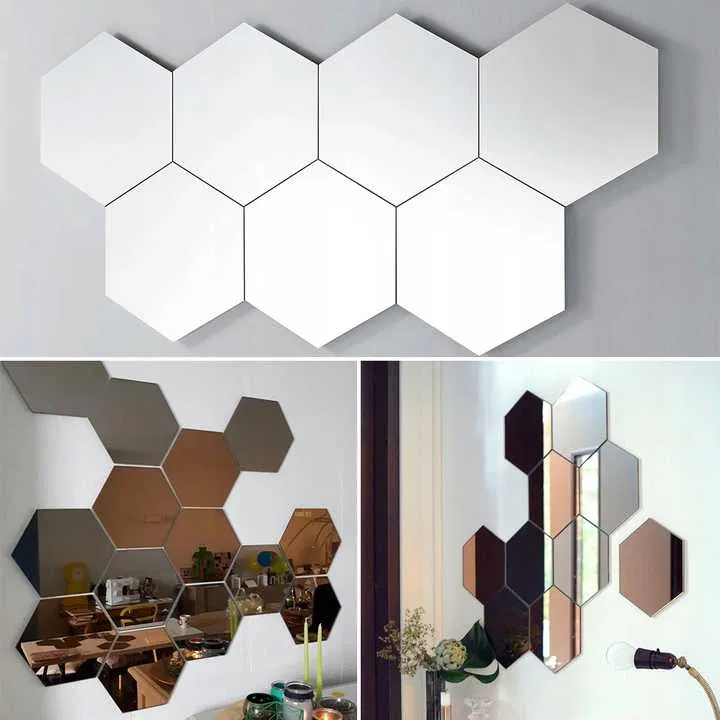 Set 12 oglinzi Acrilice si Autoadezive decorative, forma Hexagon, diametru 23 cm, Argintiu [5]
