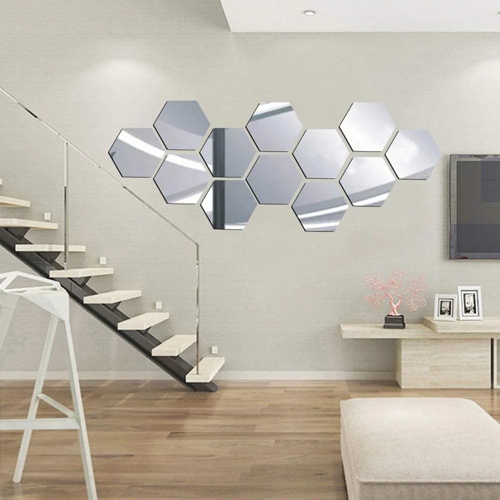 Set 12 oglinzi Acrilice si Autoadezive decorative, forma Hexagon, diametru 23 cm, Argintiu [3]
