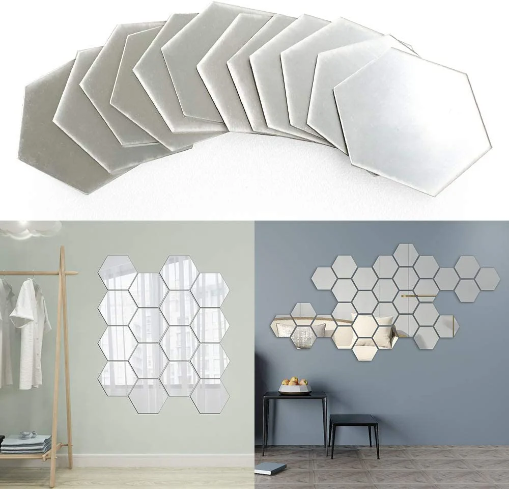 Set 12 oglinzi Acrilice si Autoadezive decorative, forma Hexagon, diametru 23 cm, Argintiu [4]