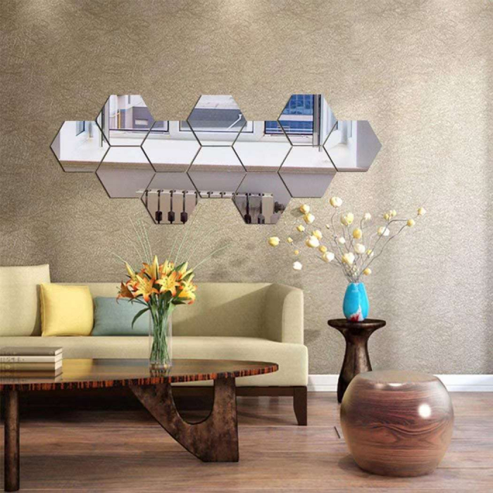 Set 12 oglinzi Acrilice si Autoadezive decorative, forma Hexagon, diametru 23 cm, Argintiu [6]