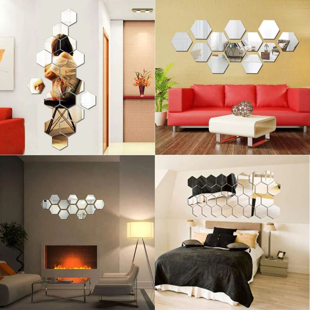 Set 12 oglinzi Acrilice si Autoadezive decorative, forma Hexagon, diametru 23 cm, Argintiu [2]