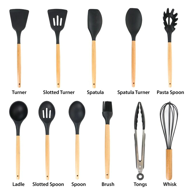 Set 12 ustensile de gatit din silicon, maner rezistent din bambus [11]
