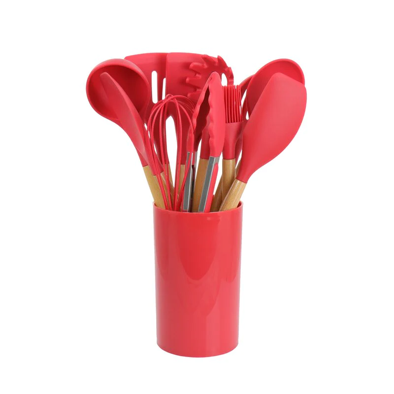 Set 12 ustensile de gatit din silicon, maner rezistent din bambus [3]