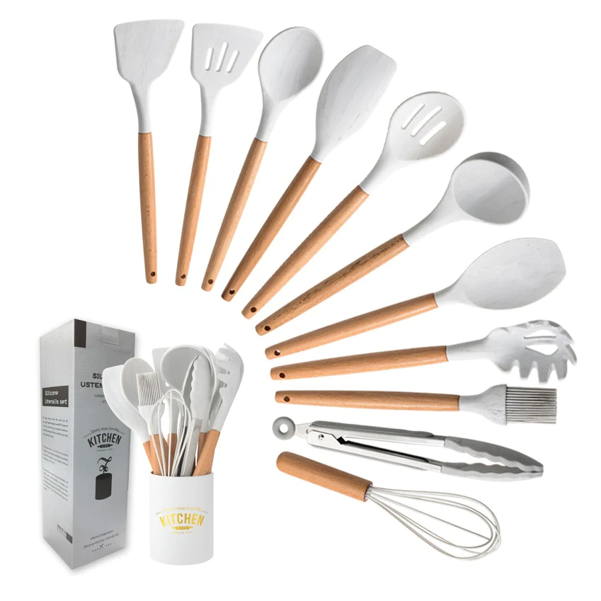 Set 12 ustensile de gatit din silicon, maner rezistent din bambus [10]