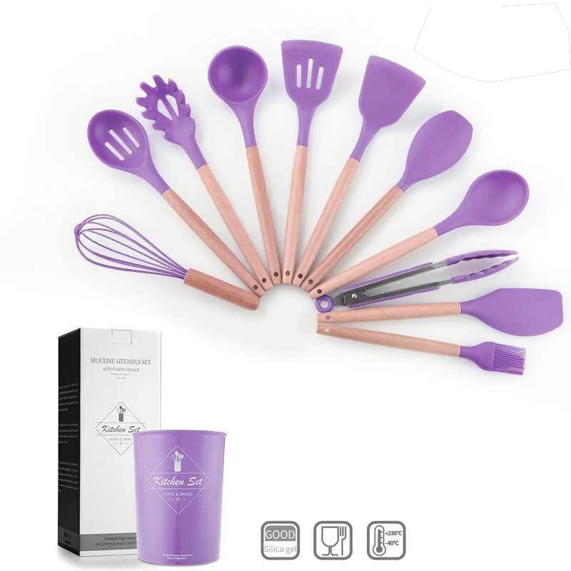 Set 12 ustensile de gatit din silicon, maner rezistent din bambus [7]