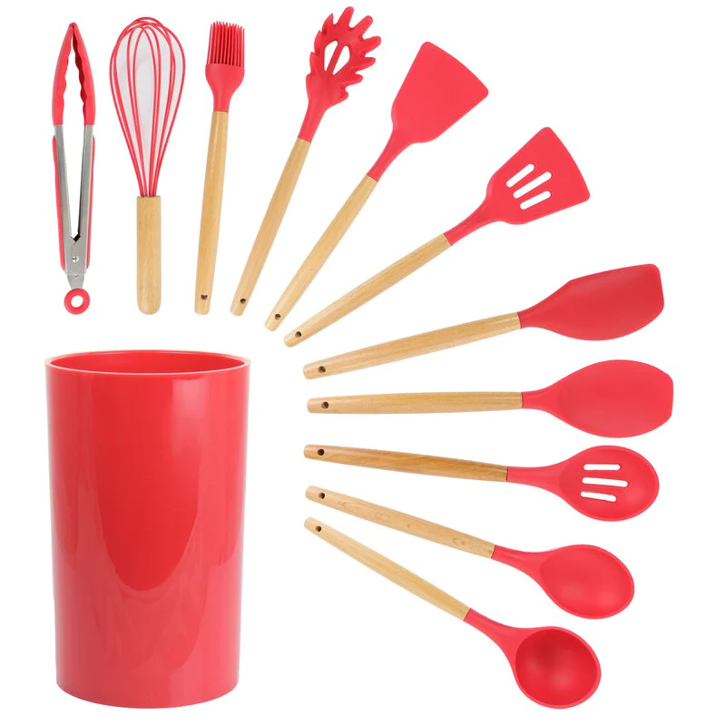 Set 12 ustensile de gatit din silicon, maner rezistent din bambus [1]