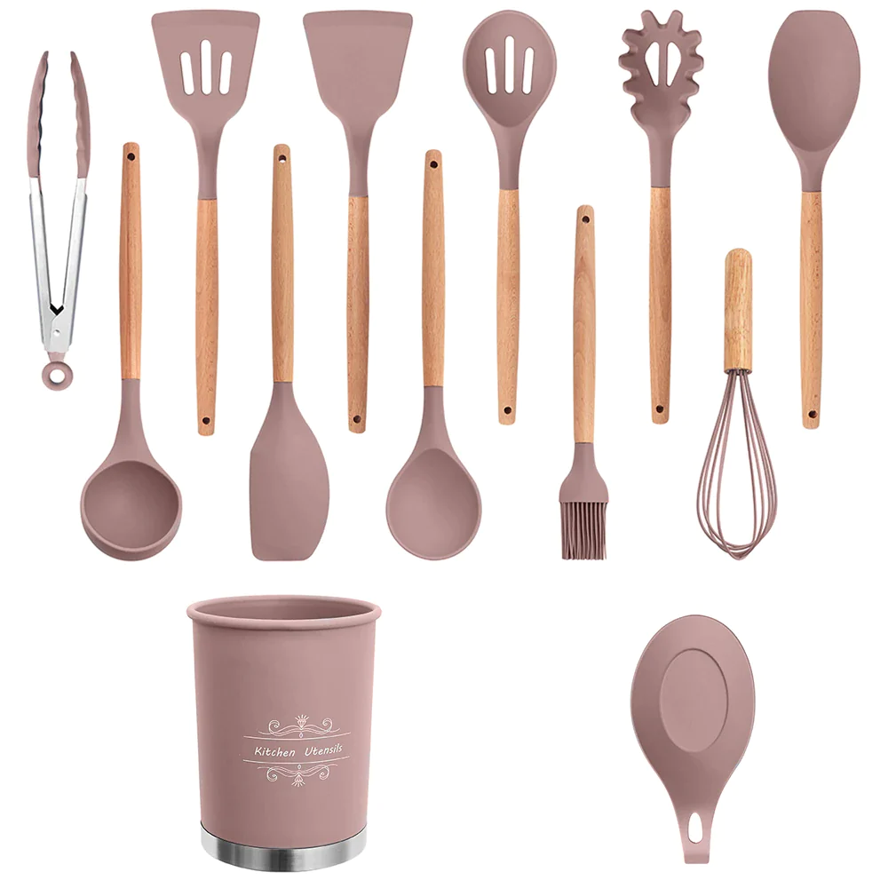 Set 13 ustensile de gatit din silicon, maner rezistent din bambus [6]