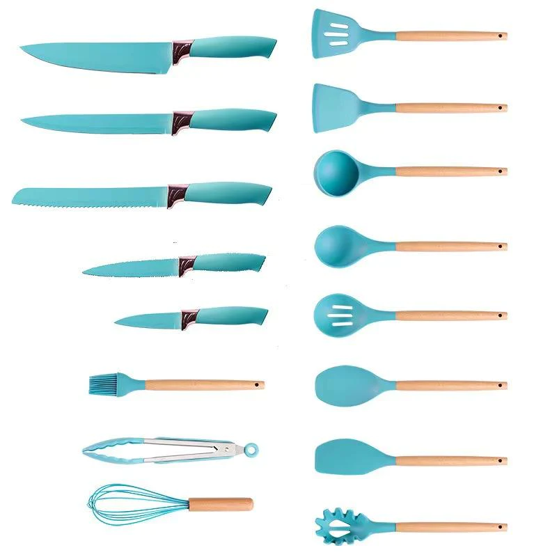 Set 19 ustensile de gatit din silicon cu maner rezistent din bambus, suport si tocator [11]