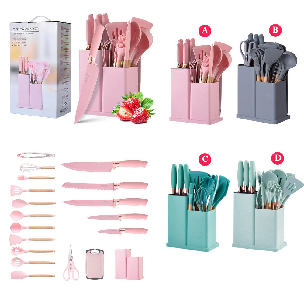Set 19 ustensile de gatit din silicon cu maner rezistent din bambus, suport si tocator [2]